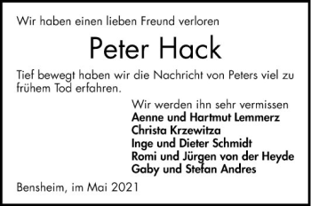 Traueranzeige von Peter Hack von Bergsträßer Anzeiger