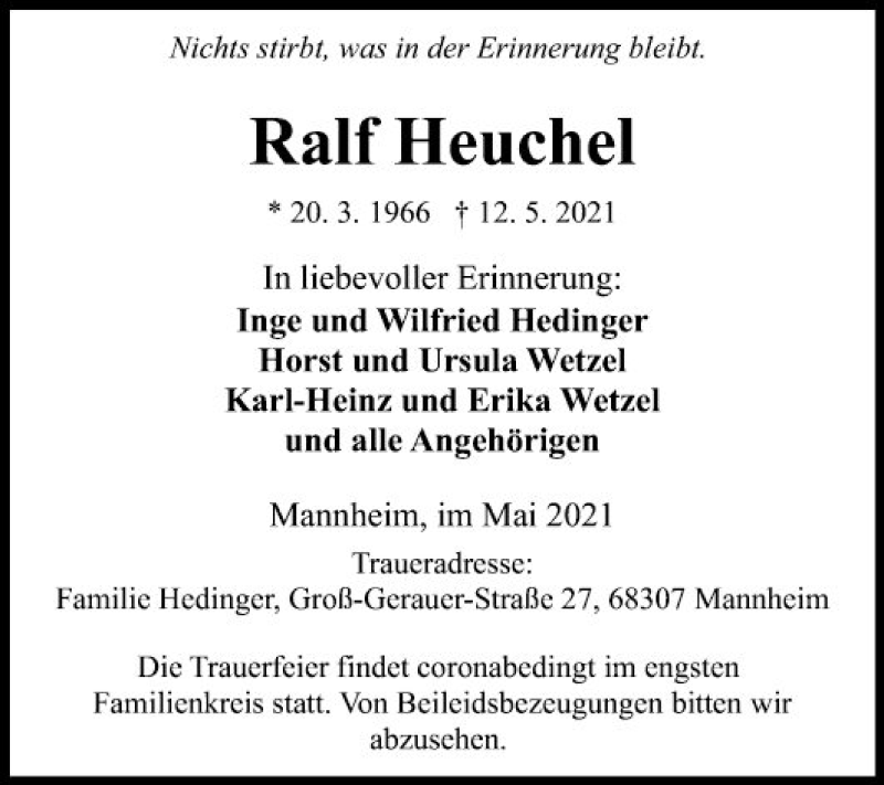  Traueranzeige für Ralf Heuchel vom 22.05.2021 aus Mannheimer Morgen