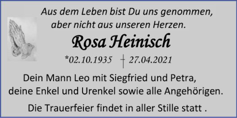  Traueranzeige für Rosa Heinisch vom 15.05.2021 aus Mannheimer Morgen