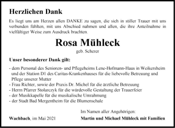 Traueranzeige von Rosa Mühleck von Fränkische Nachrichten