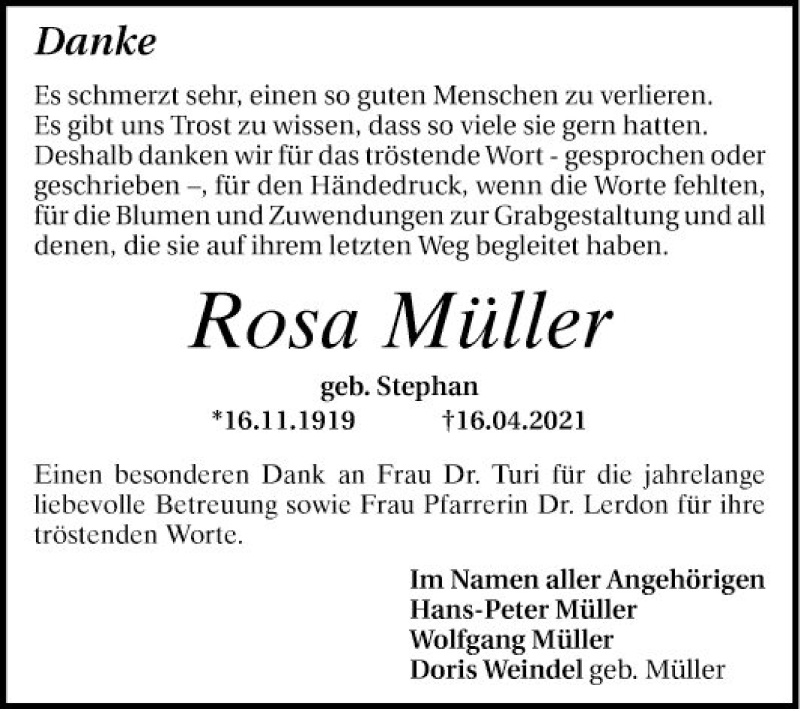  Traueranzeige für Rosa Müller vom 15.05.2021 aus Mannheimer Morgen
