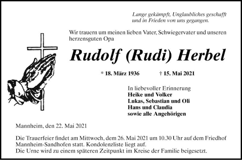  Traueranzeige für Rudolf  Herbel vom 22.05.2021 aus Mannheimer Morgen