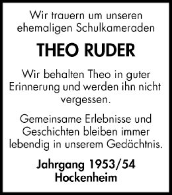 Traueranzeige von Theo Ruder von Schwetzinger Zeitung