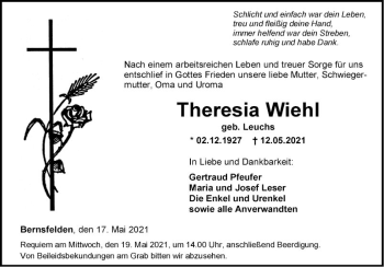 Traueranzeige von Theresia Wiehl von Fränkische Nachrichten