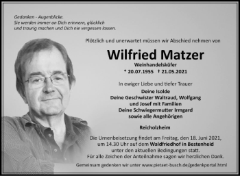 Traueranzeige von Wilfried Matzer von Fränkische Nachrichten