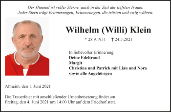 Traueranzeige von Wilhelm  Klein von Fränkische Nachrichten