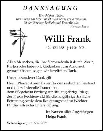 Traueranzeige von Willi Frank von Fränkische Nachrichten