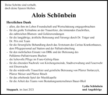 Traueranzeige von Alois Schönbein von Fränkische Nachrichten