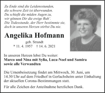 Traueranzeige von Angelika Hofmann von Fränkische Nachrichten