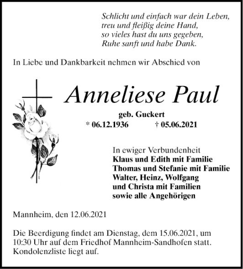  Traueranzeige für Anneliese Paul vom 12.06.2021 aus Mannheimer Morgen
