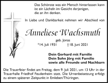 Traueranzeige von Anneliese Wachsmuth von Mannheimer Morgen