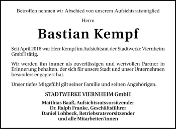 Traueranzeige von Bastian Kempf von Mannheimer Morgen