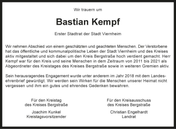 Traueranzeige von Bastian Kempf von Bergsträßer Anzeiger