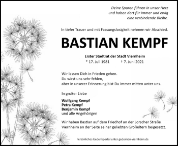 Traueranzeige von Bastian Kempf von Südhessen Morgen