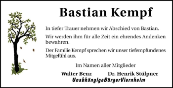 Traueranzeige von Bastian Kempf von Südhessen Morgen