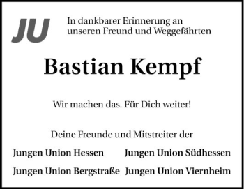 Traueranzeige von Bastian Kempf von Mannheimer Morgen