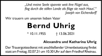 Traueranzeige von Bernd Uhrig von Mannheimer Morgen