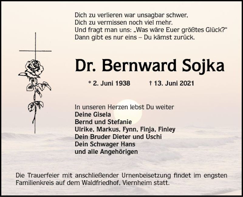  Traueranzeige für Bernward Sojka vom 19.06.2021 aus Mannheimer Morgen