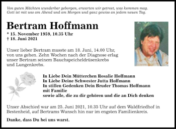 Traueranzeige von Bertram Hoffmann von Fränkische Nachrichten