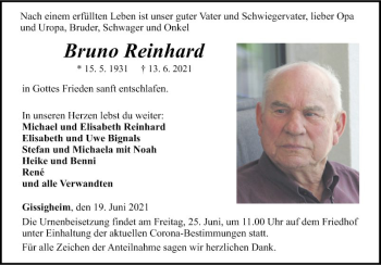 Traueranzeige von Bruno Reinhard von Fränkische Nachrichten