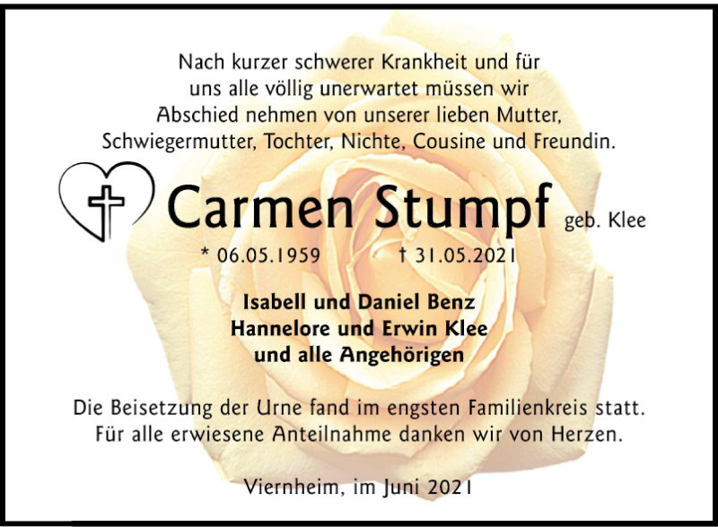  Traueranzeige für Carmen Stumpf vom 12.06.2021 aus Südhessen Morgen