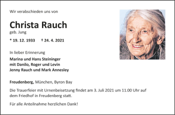 Traueranzeige von Christa Rauch von Fränkische Nachrichten