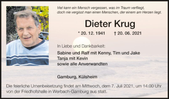 Traueranzeige von Dieter Krug von Fränkische Nachrichten