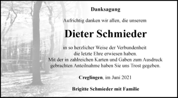 Traueranzeige von Dieter Schmieder von Fränkische Nachrichten