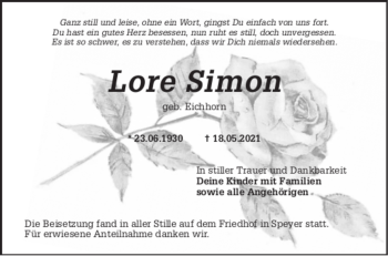 Traueranzeige von Lore Simon von Schwetzinger Zeitung