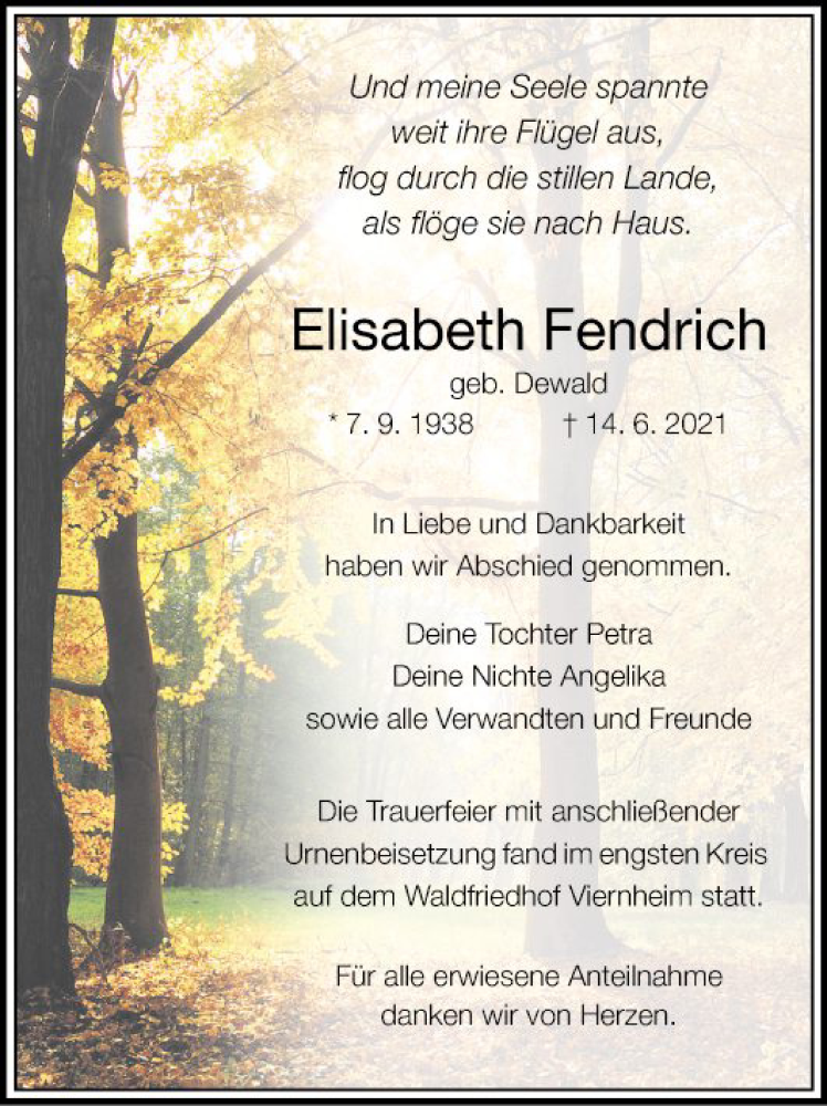  Traueranzeige für Elisabeth Fendrich vom 26.06.2021 aus Mannheimer Morgen