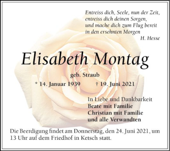 Traueranzeige von Elisabeth Montag von Schwetzinger Zeitung