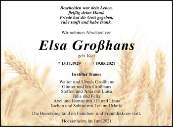 Traueranzeige von Elsa Großhans von Schwetzinger Zeitung