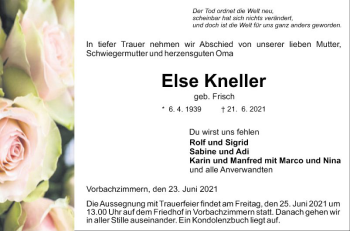 Traueranzeige von Else Kneller von Fränkische Nachrichten