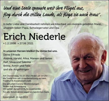 Traueranzeige von Erich Niederle von Fränkische Nachrichten