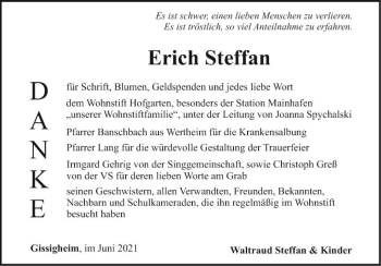 Traueranzeige von Erich Steffan von Fränkische Nachrichten