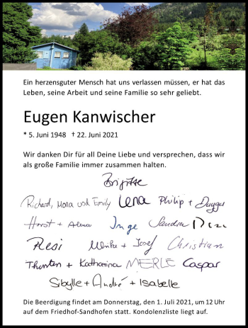 Traueranzeige von Eugen Kanwischer von Mannheimer Morgen