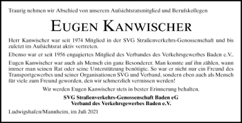 Traueranzeige von Eugen Kanwischer von Mannheimer Morgen