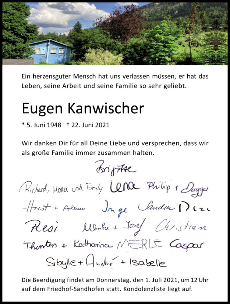  Traueranzeige für Eugen Kanwischer vom 26.06.2021 aus Mannheimer Morgen