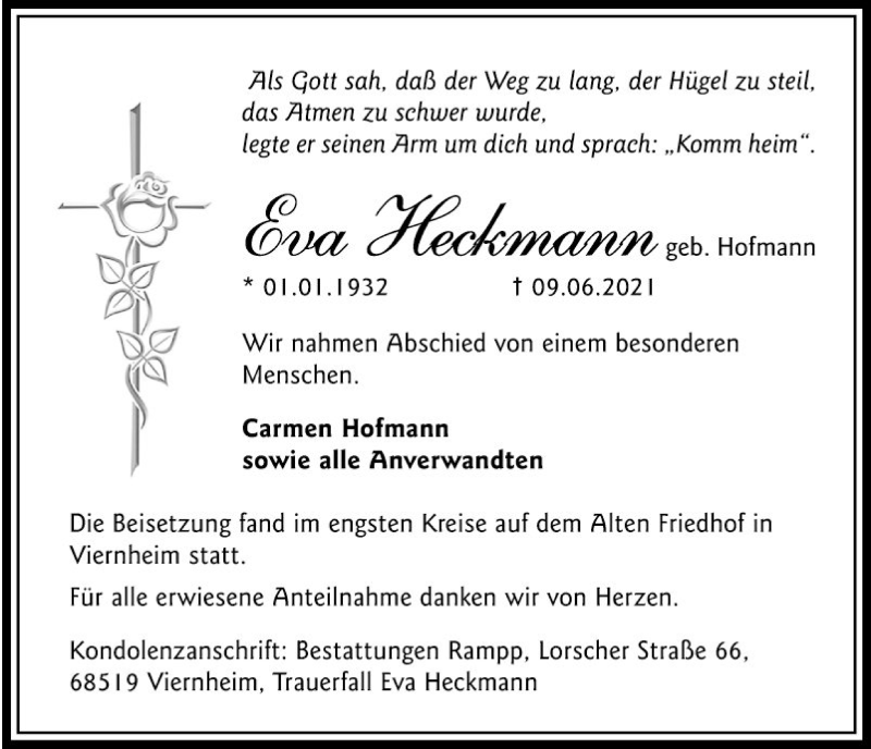  Traueranzeige für Eva Heckmann vom 16.06.2021 aus Südhessen Morgen