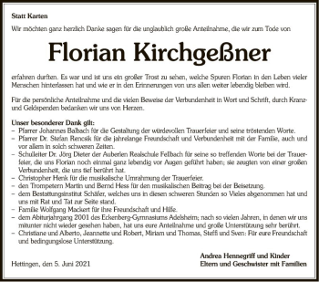 Traueranzeige von Florian Kirchgeßner von Fränkische Nachrichten