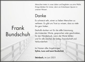 Traueranzeige von Frank Bundschuh von Fränkische Nachrichten