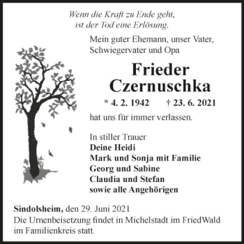 Traueranzeige von Frieder Czernuschka von Fränkische Nachrichten