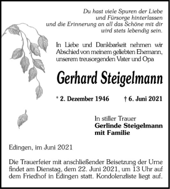 Traueranzeige von Gerhard Steigelmann von Mannheimer Morgen