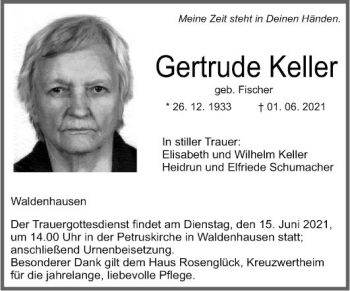 Traueranzeige von Gertrude Keller von Fränkische Nachrichten