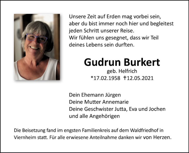  Traueranzeige für Gudrun Burkert vom 05.06.2021 aus Südhessen Morgen