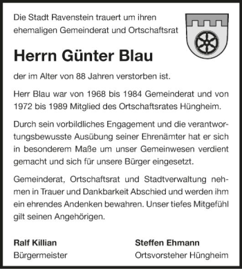 Traueranzeige von Günter Blau von Fränkische Nachrichten