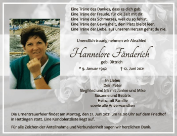 Traueranzeige von Hannelore Fänderich von Fränkische Nachrichten