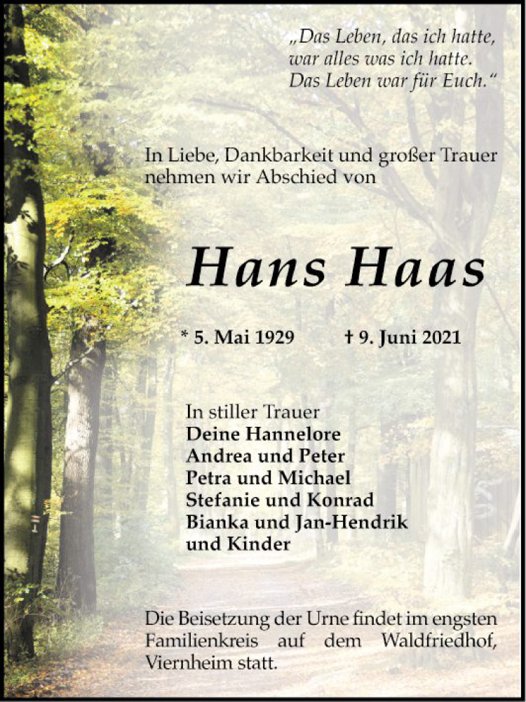  Traueranzeige für Hans Haas vom 19.06.2021 aus Mannheimer Morgen