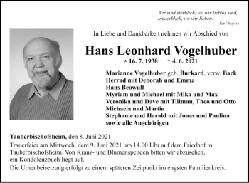 Traueranzeige von Hans Leonhard Vogelhuber von Fränkische Nachrichten