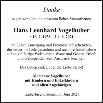 Traueranzeige von Hans Leonhard Vogelhuber von Fränkische Nachrichten